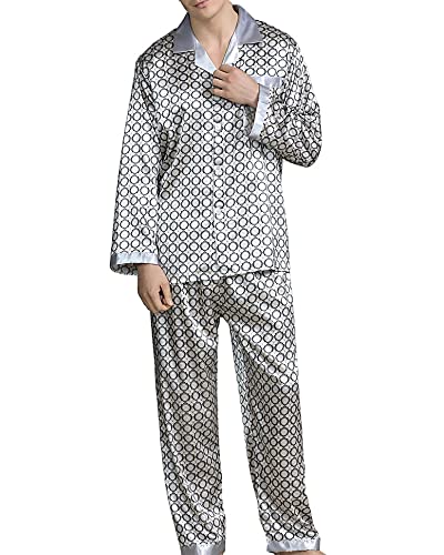 YOUCAI Pyjama Homme Satin Ensemble de Pyjama Homme Soie Hiver Manches Longues Col V Hommes Satin Pyjama Long Boutonné Devant avec Poches,Argenté,3XL Cover