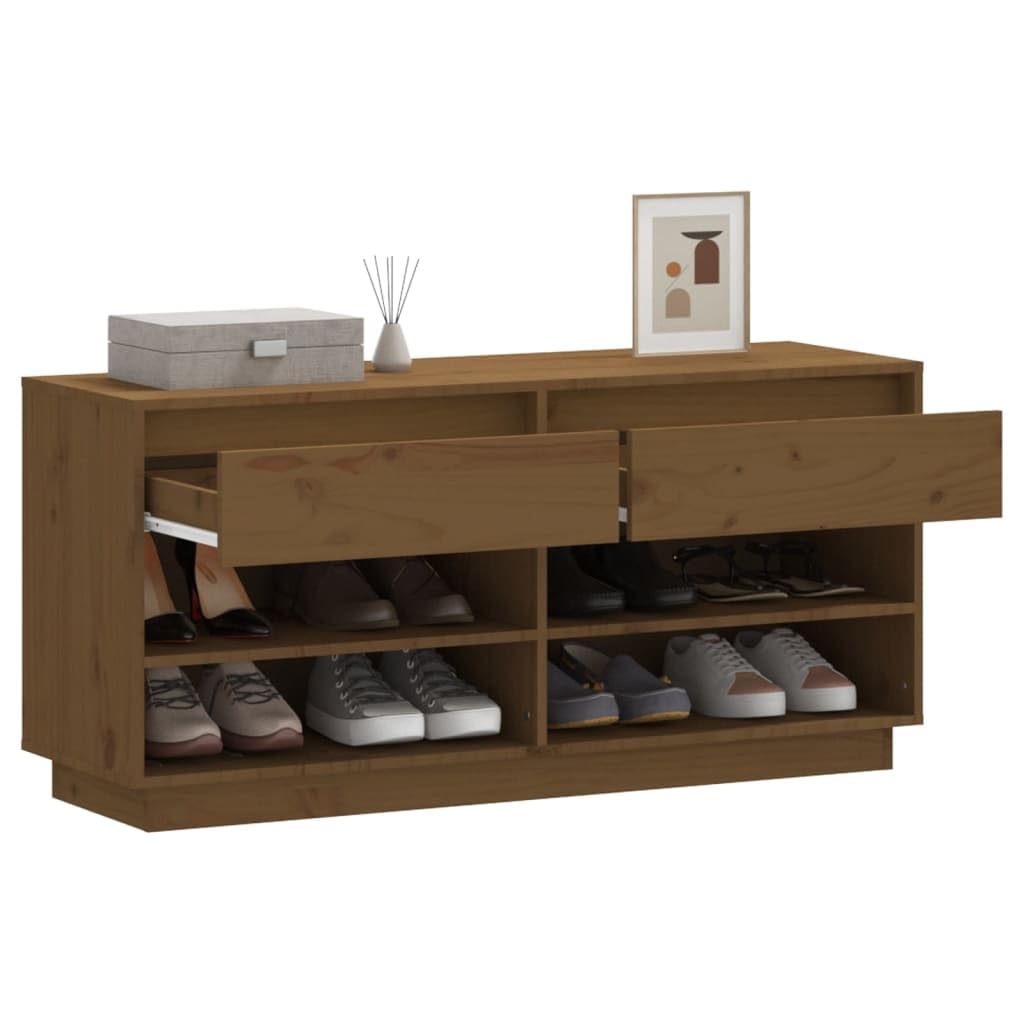 Schuhregal Honigbraun aus massivem Kiefernholz 110x34x52 cm, Schuhschrank mit 2 Schubladen und 4 Fächern, Stabiler Schuhständer für Flur, Diele, Schlafzimmer und Garderobe