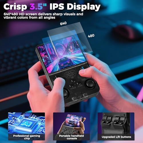 Image of PLUSPOINT R36S Portable Handheld Game Console (64GB) with 18000+ Retro Classic Preloaded Video Games, 3.5 Inch IPS Display,Rechargeable Battery , Pocket Arcade Gaming Device (Black)