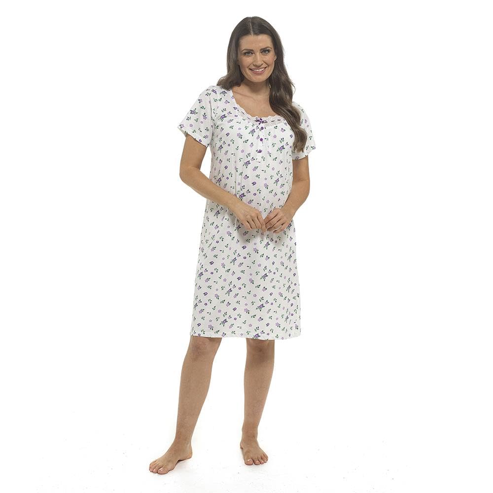 A2z Women's Lilac 100% Cotton Floral Nightie Short Sleeve Classic Knee Length Nightdress - Nightie Lds 502 22/24