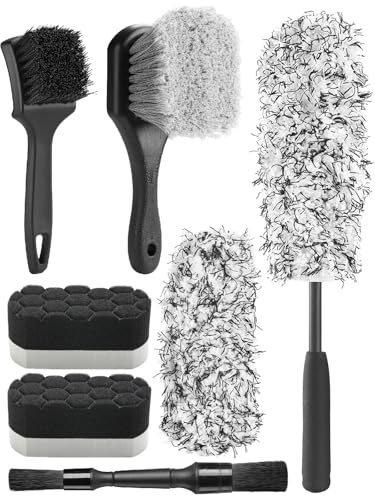 Fantasticlean 7 PCS Kit Limpieza Coche, Cepillo de Microfibra para Ruedas, Cepillo para Llantas y Neumáticos, Cepillo de Detalle de Doble Extremo, Esponjas de Pulido para el Lavado del Coche