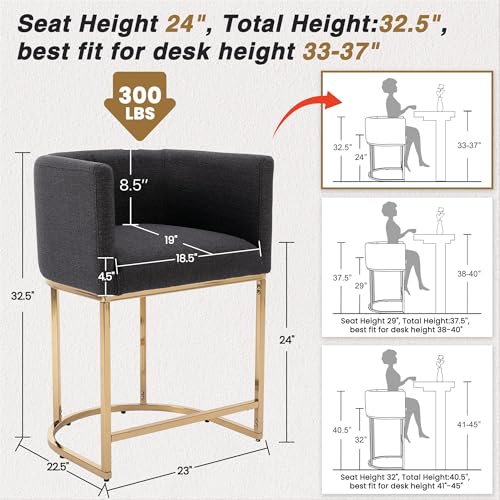 Image of HNY Charcoal Modern Barrel Counter Height Clearance Bar Stools Set of 2, 24 Inch Linen Kitchen Barstools with Back for Island, with Gold Metal Tubular Frame