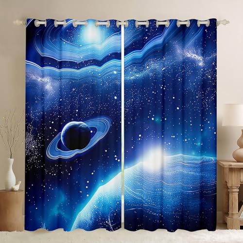 Planet Curtain for Teens Boys Girls Outer Space Window Curtains,Galaxy Theme Kids Bedoom Decor Blackout Window Mysterious Starry Sky Constellation Pattern on Blue Window Drapes 2 Panel Set,84