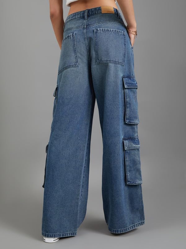 Image of GO COLORS Mostlysane Collection Denim Cargo Pant for Women | Breathable, Mid Rise, 8 Pockets