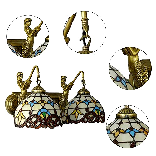 Image of Wall Sconce Vintage Style Stained Glass Bowl Wall Fixtures 2-Light Wall Light in Antique Brass with Mermaid for Bedroom Hallway Stairway Balcony