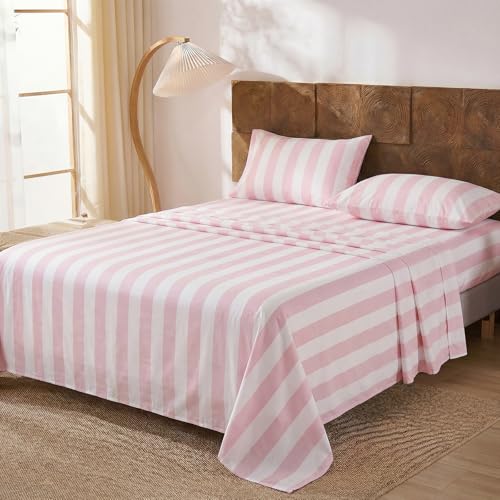 Image of Merryword 100% Cotton Sheet Set Full Size - Pink and White Stripes Bedding, Soft Breathable Percale Weave, Wide Stripe Deep Pocket Sheet 17.5 inch, Luxury Linen Like, 4-Piece All Season Bedding