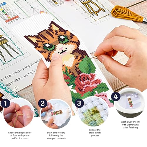 Image of FREEBLOSS 6 Set Cat Cross Stitch Bookmark Kits Rose Pattern Stamped Cross Stitch Kit DIY Embroidery Kit Bookmark Craft Kit with Instructions for Beginners 6x20cm