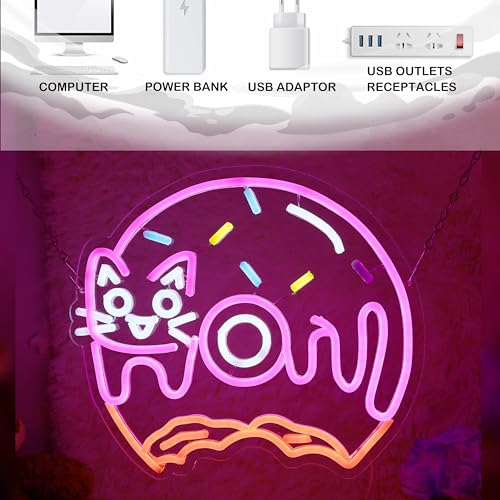 Image of Cat Donut Neon Sign Donut Cat Neon Light Donut Light Sign Dimmable Donut LED Neon Light for Bakery Shop Decor Nursery Room Game Room Wall Art 14 inchx12.3 inch