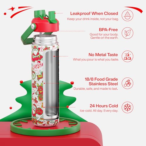 Image of ENCOOL Christmas Insulated Water Bottle with Straw, Stainless Steel Water Bottle, Leak Proof BPA-Free, Keeps Cold for 24 Hours for Sports, Christmas Holiday Gifts for Women, 26 oz, Santa Rider