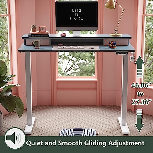 Image of FEZIBO Height Adjustable Electric Standing Desk with Double Drawer, 48 x 24 Inch Stand Up Table with Storage Shelf, Sit Stand Desk with Splice Board, White Frame /Blue Top