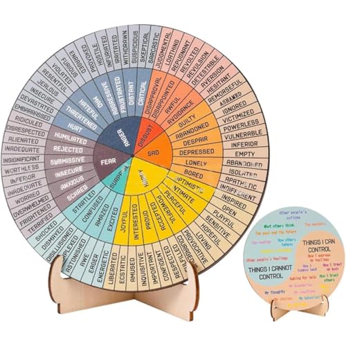 SJQBAINING - Feelings Wheel with Stand, Wooden Printed Emotion Wheel Chart, Double-Sided Mental Health Emotion Chart, Therapist Gift for Women & Men Home Office Decor（15cm*7.5cm）