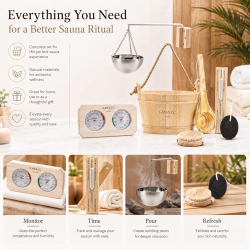 Sauna Accessories Kit 7Pcs - Wooden Sauna Bucket and Ladle Set Handmade for Sauna Steam Room Bathroom - Image 4