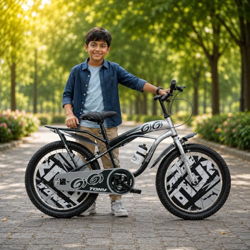 Image of TONY RAW Bicycles Gigi Sports BMX Single Speed Steel Frame 20T Bicycle Cycle for Kids 7 to 10 Years Boys & Girls Double Back Seat with Side Stand and Water Sipper Grey Green