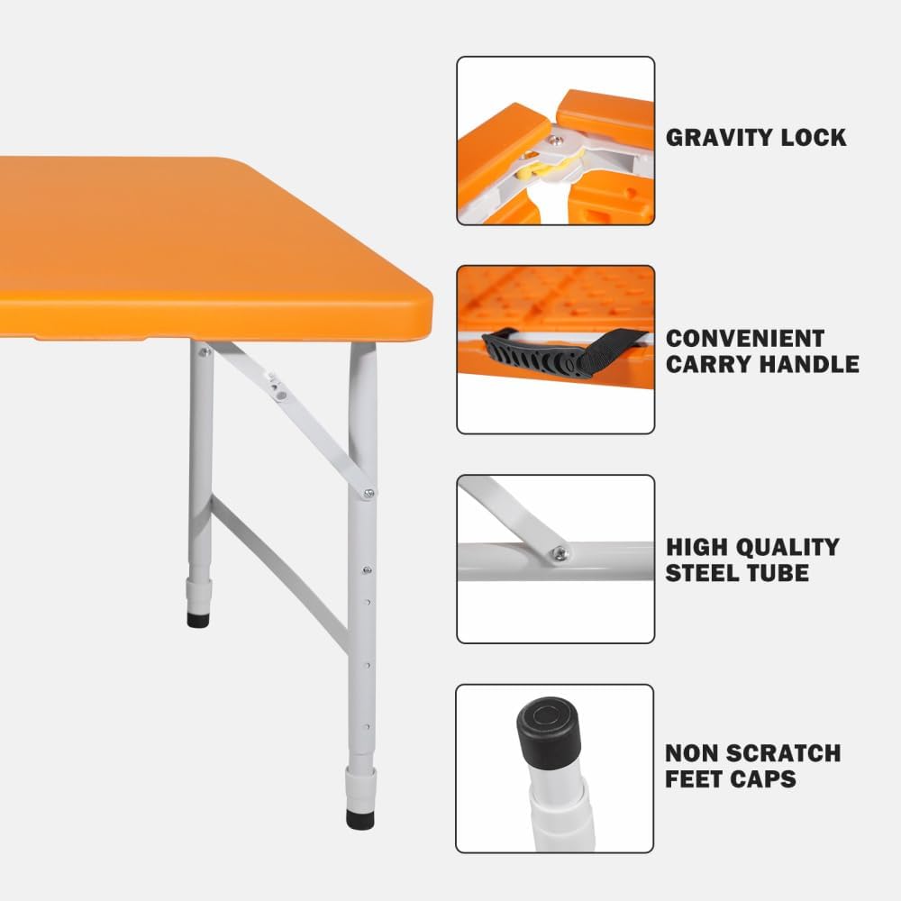 4ft Folding Table Heavy Duty, Portable Utility Table for Camping Party Indoor Outdoor, 135kg Capacity Plastic Top with Steel Frame (4FT Orange)