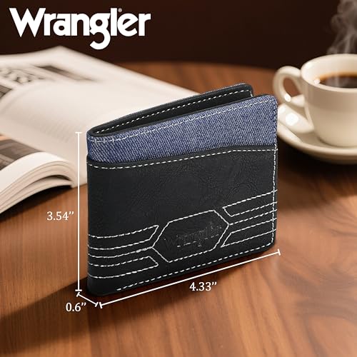 Wrangler Leather Bifold Wallet for Men Minimalist Western Wallet with Money Slot, Stylish Gift for Men, Black2
