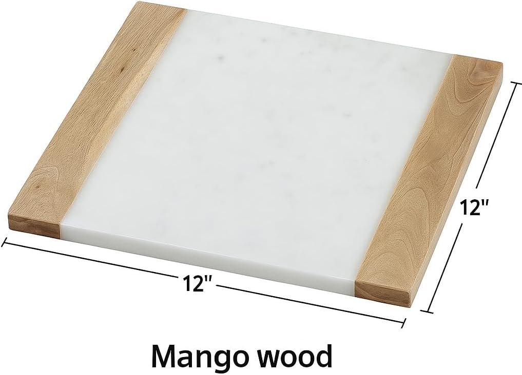 Creative Home 12"x12" White Marble & Mango Wood Pastry Board – Handmade from Indian Marble | Heavy-Duty Dough Board, Cutting Board, Sushi Serving Tray, Cooling Plate for Oven Dishes