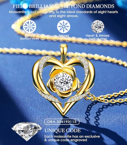 Beam & Bask Rose Flower Heart Moissanite Necklaces for Wife, S925 Silver Pendant for Women, 18K Gold Plated Jewelry for Her Girlfriend Mom for Anniversary Birthday 5