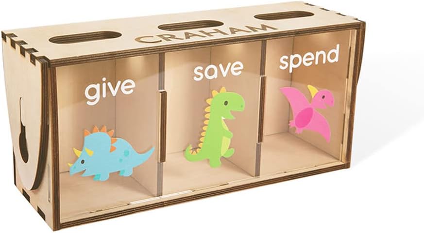 Give Save Spend Kids Teach Money Bank Custom Name with Dinosaurs or Unicorn Child's Teaching Bank Personalized Children Savings Bank Money Management Learning Kid's Piggy Bank Children's Money Buckets