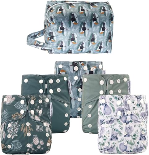 Image of CoolaPeach Baby Cloth Diapers Washable Reusable Diapers for Baby Boys, One Size Adjustable Pocket Nappy Covers 5 Pack+ 5pcs Microfiber Inserts+ One Waterproof Bag