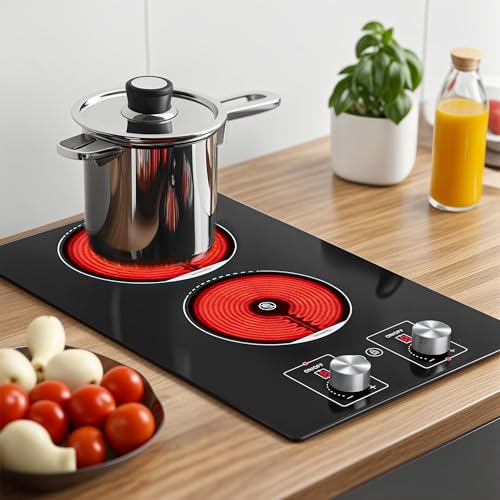Image of ADVWIN 2 Burner Electric Cooktop,110v Electric Cooktop 1800W with Knob Control,12 Inch Countertop & Built-in with Child Safety Lock, Timer, 9 Power Levels and Over-Temperature Protection