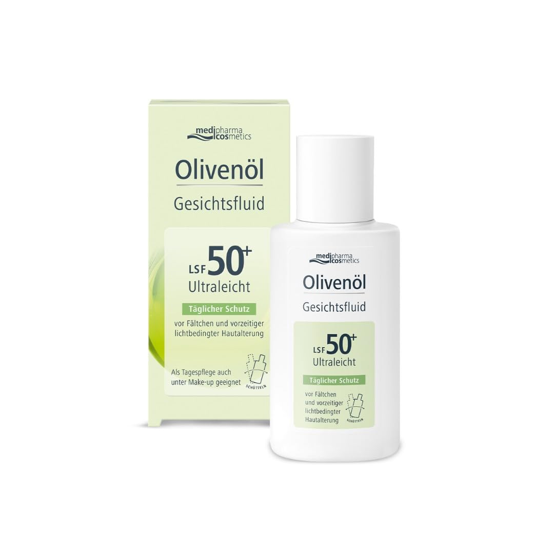 Olivenöl Gesichtsfluid mit LSF50+ von medipharma cosmetics I Ultraleichte Formel I Täglicher Schutz vor UV-Strahlen I Schutz vor Fältchen und vorzeitiger lichtbedingter Hautalterung I 50ml