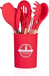 Jogo Utensílios de Cozinha Silicone Cabo de Madeira MM House (Vermelho)