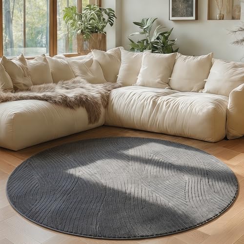 Tapis salon rond 160cm gris résistant avec envers antidérapant