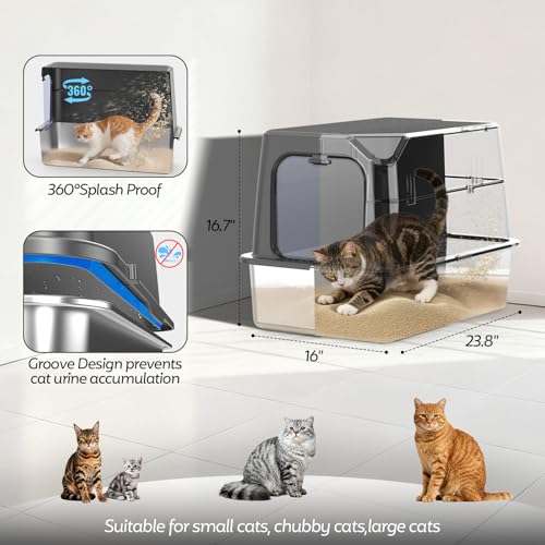 Image of WoofiGo Enclosed Stainless Steel Cat Litter Box with Lid, XL Extra Large Litter Box for Big Cats, Metal Litter Pan High Sided, Never Absorbs Odors, Anti-Urine Leakage, Include Scoop (Dark Grey)