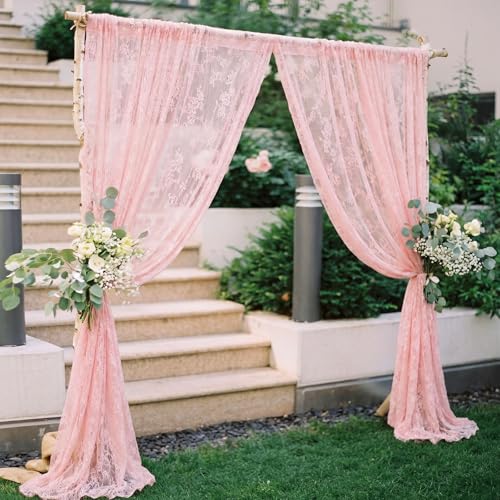 Image of HunnmingRe Pink Wedding Arch Draping Fabric Summer 2 Panel 30 inch X18ft Lace Wedding Arch Drapery Embroidered Boho Rustic Backdrop Vintage Decor for Bridal Shower Church Ceremony Decoration (Pink)