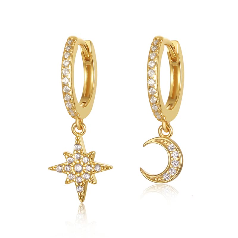 14K Gold Moissanite Moon Star Hoop Earrings for Women,Minimalist Moon and Star Style Huggie Earrings,Fashion Jewelry Gift for Her
