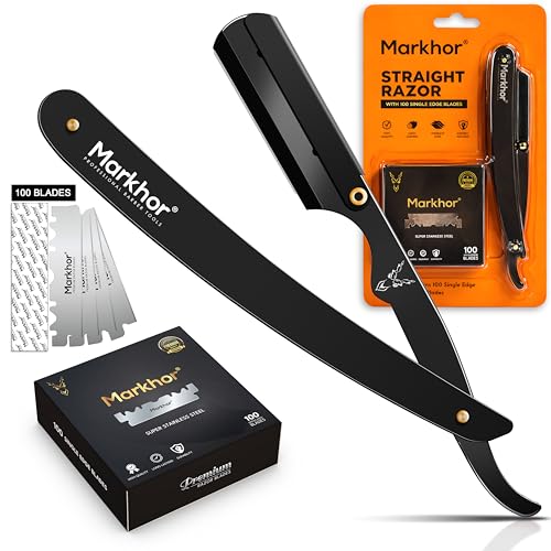 MARKHOR® Majestad Negra - Navaja Afeitar Profesional con 100 Cuchillas para hoja de barbero - Cuchilla de Afeitar Hombre Estilo Barbero Clásico - Kit de Afeitado Premium