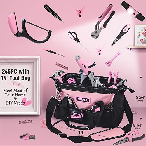 Shall Pink Tool Set, 246-Piece Home Tool Kit For Women, Ladies Basic Tool Kit For House With 14”Wide Mouth Open Tool Bag, General Household Hand Tool Set For Home Repair, Maintenance And Improvement #TOP2
