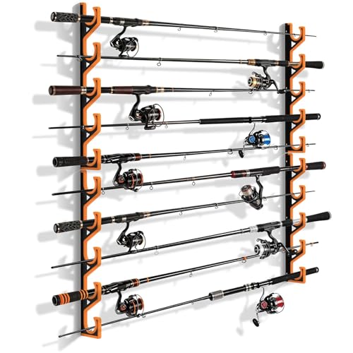 bruwaa 2 Pack Horizontal Fishing Rod Holders for Garage Wall & Ceiling Anti-Scratch Soft PU Pad Rod Rack Fishing Pole Storage Organizer Holds up to 10 Rod Wall Mount Rod Keepers for Casting Rods