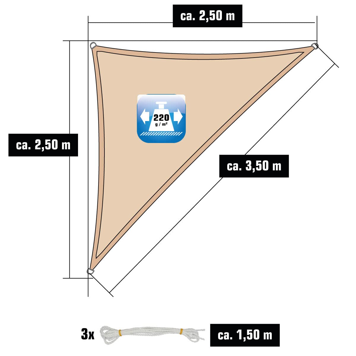 AMANKA 2,5x2,5x3,5 UV Sonnensegel Dreieck Wasserdurchlässig - Sonnenschutz Terrassenüberdachung mit Befestigung - Sonnendach Dreieckig Terrasse Balkon Wohnwagen Carport - Pool Segel Sichtschutz Garten