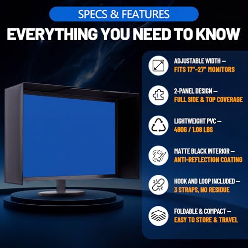 Image of 1 Set Adjustable Monitor Hood Sunshade, 17-27 Inch, Black PVC Screen Protector, Anti-Glare Shade, Expandable Light Blocker for Multiple Monitor Sizes, No-Tool Setup, Reduces Eye Strain