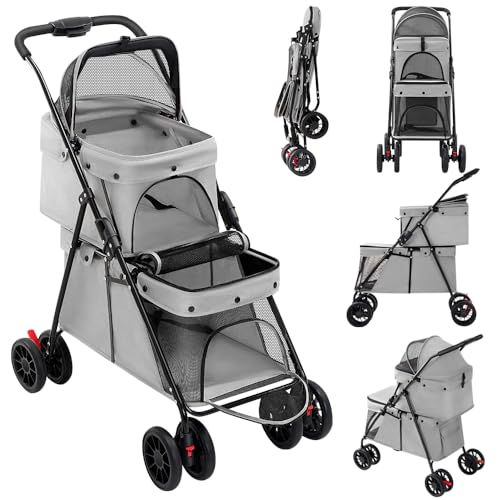 Passeggino a doppio strato, per cani, gatti, animali, viaggi, passeggino, pieghevole, cane, gatto, a quattro ruote, carrello, passeggino, passeggino, passeggino, passeggino, 67 x 50 x 95 cm, grigio