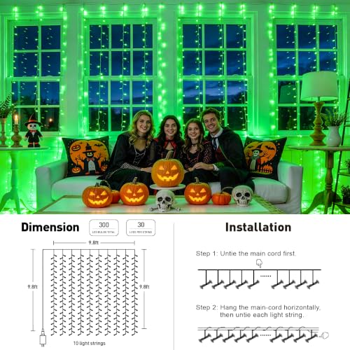 Image of JMEXSUSS 300 LED Green Curtain Lights for Halloween Decor, 9.8x9.8ft