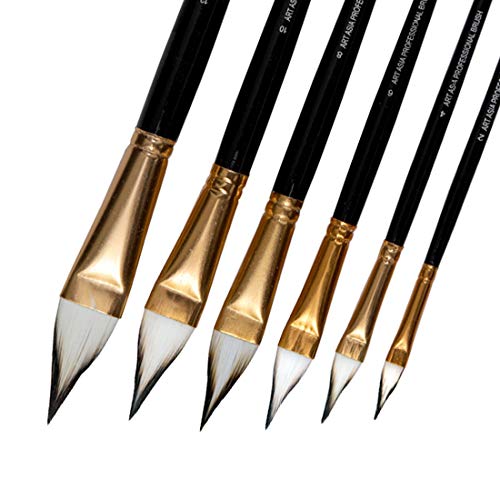 Image of Art Asia Cat's Tongue 6 pc Synthetic White Hair Brushes Set for Acrylic, Watercolor and Gouache Painting(Wood)