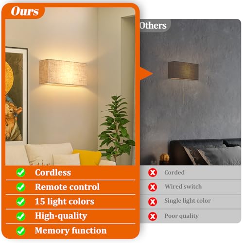 Image of VerRon Battery Operated Wall Sconces Set of 2 with Remote and Fabric Shade | 15 Color Changeable, Dimmable, Wall Mounted Lamps with Magnetic Bulbs for Bedroom Living Room Hallway, Rectangular Lampshade