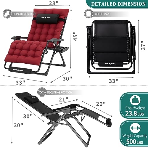Image of UDPATIO Oversized Zero Gravity Chair Patio Reclining Chairs with Cushion | 33In Set of 2 Outdoor Folding Recliner with Pillows,Cup Holder, Foot Rest, Detachable Pad, Locking Burgundy-xxl