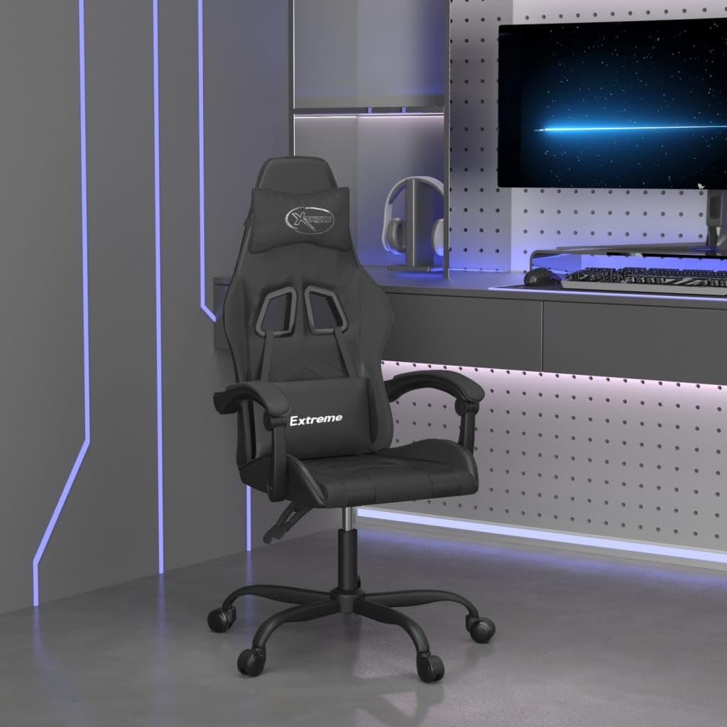 Chaise de jeu pivotante noire en similicuir réglable avec coussin
