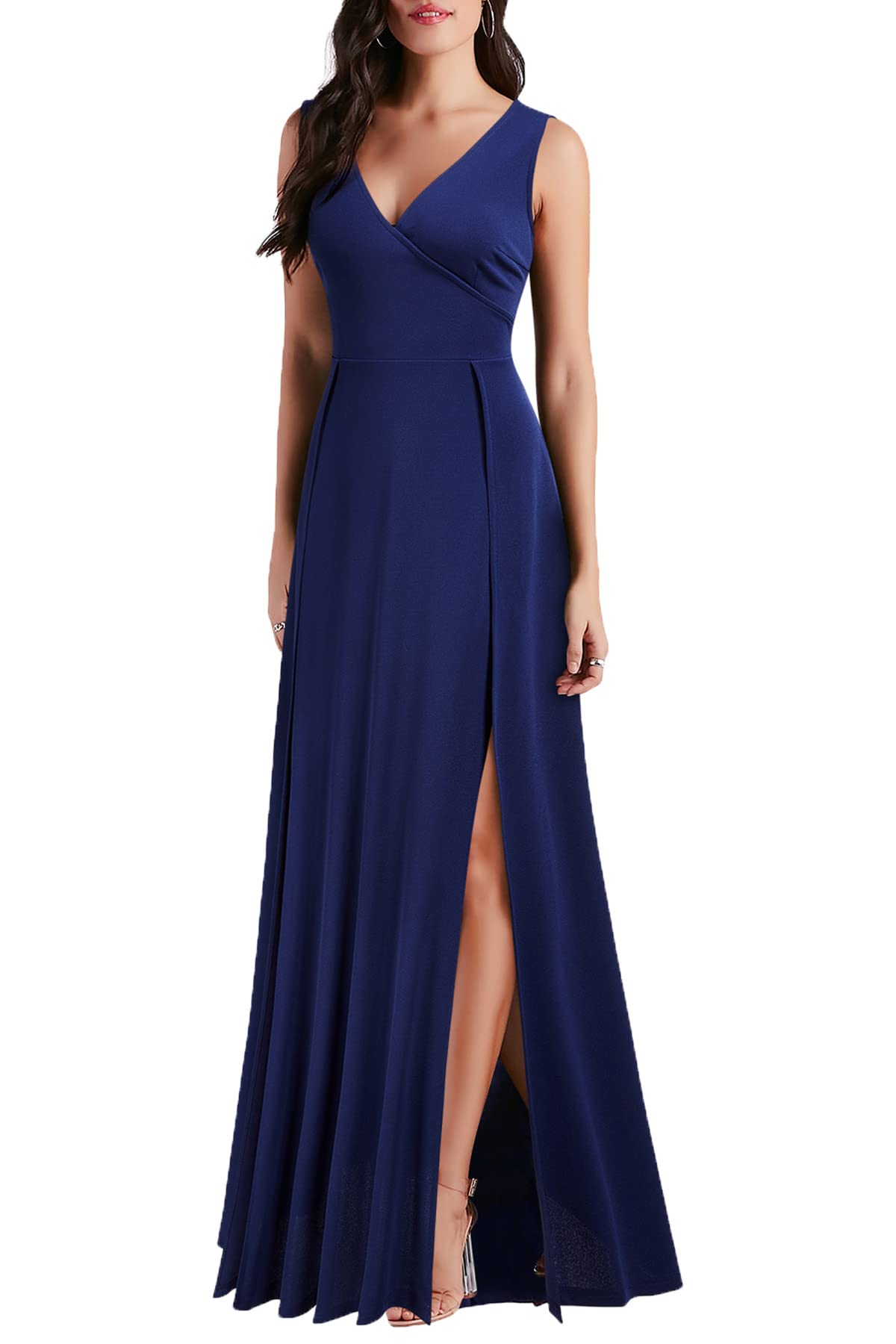 MUSHARE Women's V Neck Sleeveless Split Formal Dress Cocktail Party Prom Long Dresses: Large Navy Blue