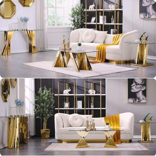 Anewsun Gold Coffee Table, 50 Inch Rectangular Clear Tempered Glass Living Room Center Table With Gorgeous Gold Stainless Steel Base thumb #4
