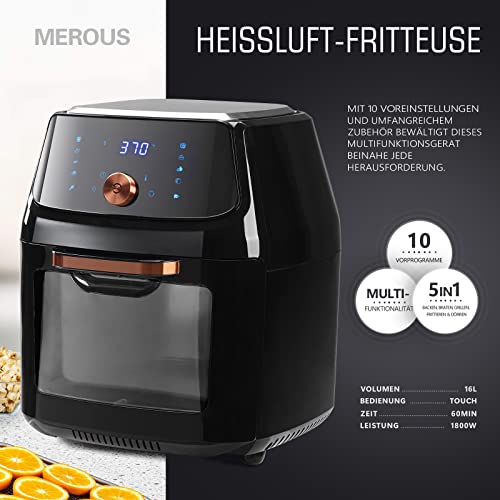 Foto von MEROUS Heißluftfritteuse 16L mit LED-Touchscreen, 10 Programme, Vorheizen&Warmhalten, 1800W Heissluftfritteuse Air Fryer XXL ohne Öl Dörrautomat Minibackofen Camping Grill