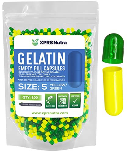 Image of XPRS Nutra Size 5 Empty Capsules - 100 Count Very Small Empty Gelatin Capsules - Pills DIY Capsule Filling - Fillable Pill Gel Caps for Do-It-Yourself Vitamin Supplements (Green /Yellow)