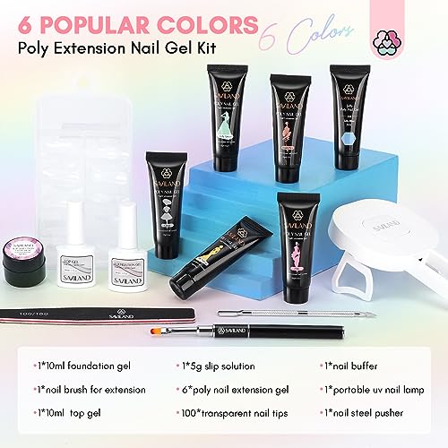 Saviland 6 Colors Poly Gel Nail Kit – Pink Series Extension Gel with 36W Portable Handheld Mini U V LED Lamp for Curing, All-in-1 French Manicure Starter Nail Kit for Home DIY