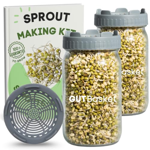 Gutbasket Sprouting Kit | Includes 2 Glass Sprout Jars (700 ml Each) with Sprouting Lids + Organic Seed Mix | Sprout Maker for Moong, Methi, Chana, Alfalfa, Radish | Sprout Jar with Guide