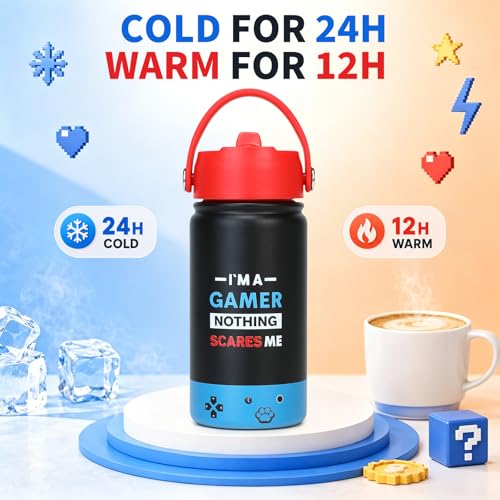 Image of Kids Insulated Water Bottle with Straw Lid, 14oz Double Wall Vacuum Stainless Steel Tumbler, Leak Proof Reusable Metal School Cup for Boys Girls, Keep Cold 24H Hot 12H (Blue-Red-I M A（Pack 2）)