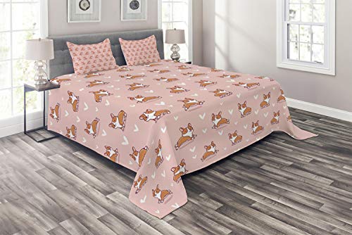 🛒 Crazy Deals Ambesonne Dog Lover Coverlet, Little Corgi Jumping Running and Standing Cartoon Hearts Background, 3 Piece Decorative Quilted Bedspread Set with 2 Pillow Shams, Queen Size, Orange White