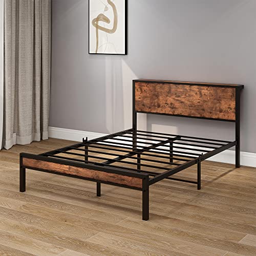 Dumee Full Size Bed Frame With Wood Storage Headboard, Metal Platform Bed Frames Full, No Box Spring Needed, Noise Free, Reinforced Strong Support Leg, Textured Black&Brown Oak #TOP2
